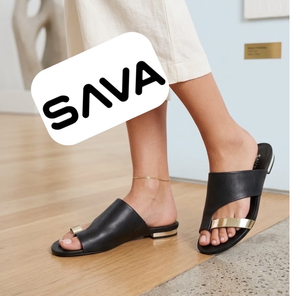 SAVA Black Leather Gold Toe Loop Slide Sandals V2003-012 Womens 38M Flat Slides